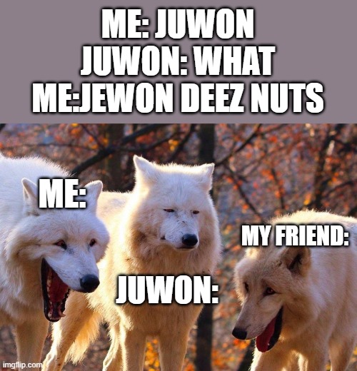 2/3 wolves laugh |  ME: JUWON
JUWON: WHAT
ME:JEWON DEEZ NUTS; ME:; MY FRIEND:; JUWON: | image tagged in 2/3 wolves laugh | made w/ Imgflip meme maker