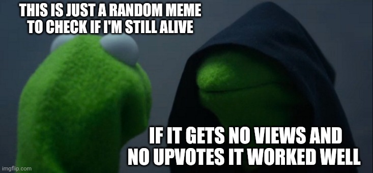 Dis' ain't heaven? Good. | THIS IS JUST A RANDOM MEME TO CHECK IF I'M STILL ALIVE; IF IT GETS NO VIEWS AND NO UPVOTES IT WORKED WELL | image tagged in memes,evil kermit | made w/ Imgflip meme maker