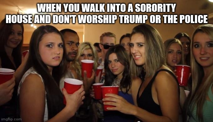 Party Girls Looking at you POV | WHEN YOU WALK INTO A SORORITY HOUSE AND DON'T WORSHIP TRUMP OR THE POLICE | image tagged in party girls looking at you pov | made w/ Imgflip meme maker