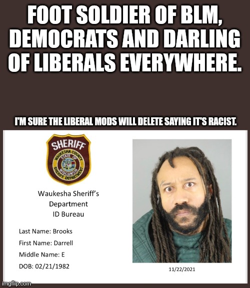 Liberal hero | FOOT SOLDIER OF BLM, DEMOCRATS AND DARLING OF LIBERALS EVERYWHERE. I'M SURE THE LIBERAL MODS WILL DELETE SAYING IT'S RACIST. | image tagged in stupid liberals | made w/ Imgflip meme maker