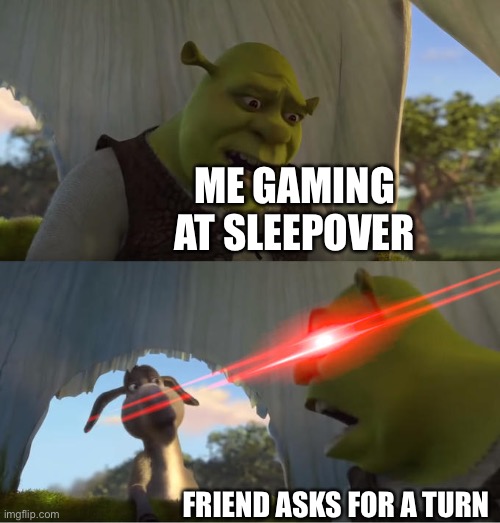 Shrek gets cross | ME GAMING AT SLEEPOVER; FRIEND ASKS FOR A TURN | image tagged in shrek for five minutes | made w/ Imgflip meme maker