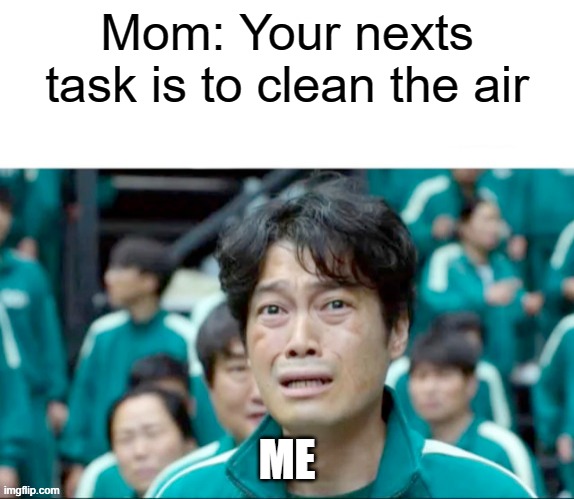 Bruh unfair | Mom: Your nexts task is to clean the air; ME | image tagged in your next task is to- | made w/ Imgflip meme maker