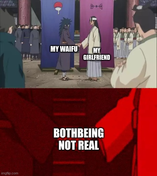 Sad truth of all people |  MY GIRLFRIEND; MY WAIFU; BOTHBEING NOT REAL | image tagged in naruto handshake meme template | made w/ Imgflip meme maker