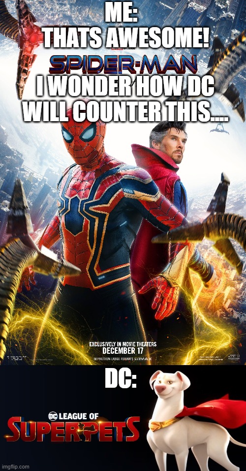 DC counter | ME:   THATS AWESOME! I WONDER HOW DC WILL COUNTER THIS.... DC: | image tagged in spider-man,dc comics,no way home,marvel | made w/ Imgflip meme maker