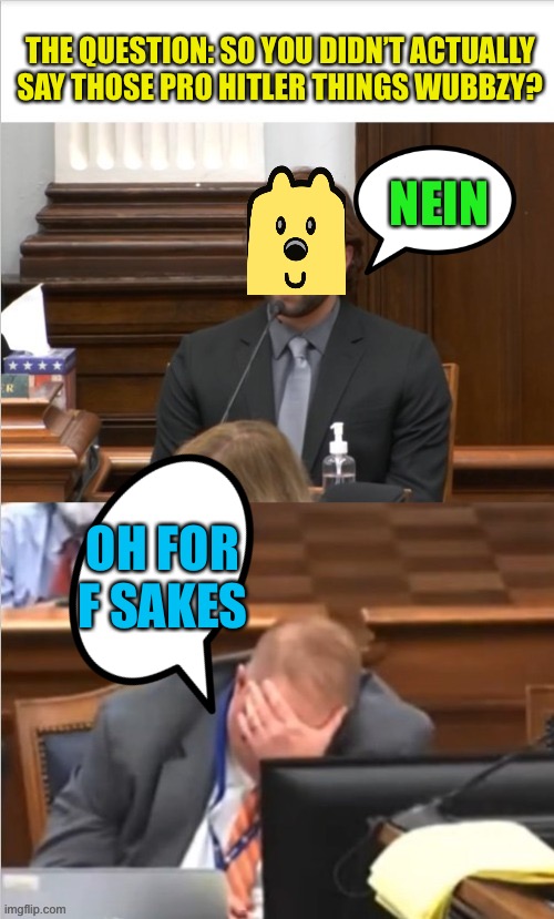 Yes it was a joke, Wubbzy is allergic to understanding jokes or what’s implied. I don’t think Wubbzy is nazi | THE QUESTION: SO YOU DIDN’T ACTUALLY SAY THOSE PRO HITLER THINGS WUBBZY? NEIN; OH FOR F SAKES | image tagged in rittenhouse trial,wubs is going to rage | made w/ Imgflip meme maker