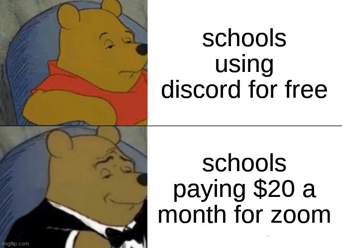 Tuxedo Winnie The Pooh | schools using discord for free; schools paying $20 a month for zoom | image tagged in memes,tuxedo winnie the pooh,zoom,discord | made w/ Imgflip meme maker