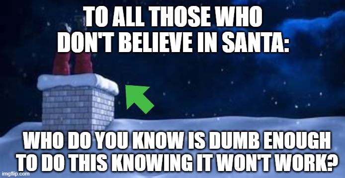Believe in him now? | TO ALL THOSE WHO DON'T BELIEVE IN SANTA:; WHO DO YOU KNOW IS DUMB ENOUGH TO DO THIS KNOWING IT WON'T WORK? | image tagged in funny | made w/ Imgflip meme maker