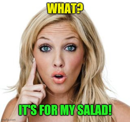 Dumb blonde | WHAT? IT'S FOR MY SALAD! | image tagged in dumb blonde | made w/ Imgflip meme maker