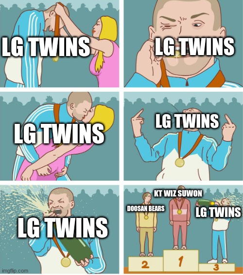 The 2021 KBO League season in a nutshell | LG TWINS; LG TWINS; LG TWINS; LG TWINS; KT WIZ SUWON; LG TWINS; DOOSAN BEARS; LG TWINS | image tagged in 3rd place celebration,funny,memes,baseball,south korea | made w/ Imgflip meme maker