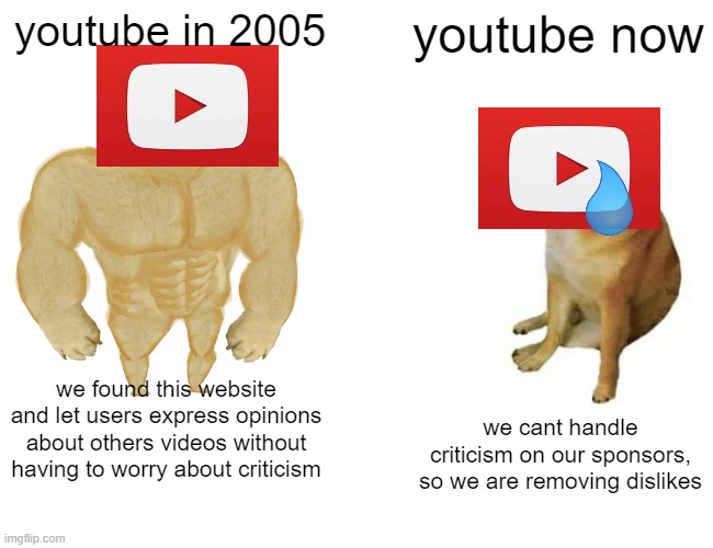 Buff Doge vs. Cheems | youtube in 2005; youtube now; we found this website and let users express opinions about others videos without having to worry about criticism; we cant handle criticism on our sponsors, so we are removing dislikes | image tagged in memes,buff doge vs cheems | made w/ Imgflip meme maker