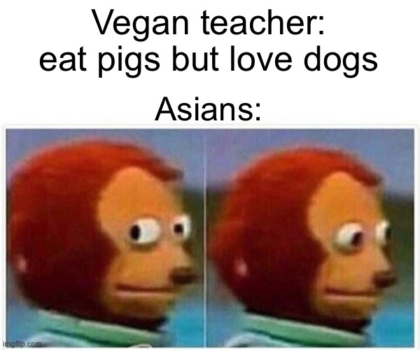 Monkey Puppet | Vegan teacher: eat pigs but love dogs; Asians: | image tagged in memes,monkey puppet | made w/ Imgflip meme maker