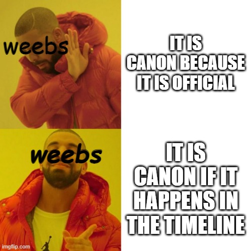 Prove me Wrong | IT IS CANON BECAUSE IT IS OFFICIAL; weebs; weebs; IT IS CANON IF IT HAPPENS IN THE TIMELINE | image tagged in drake blank | made w/ Imgflip meme maker