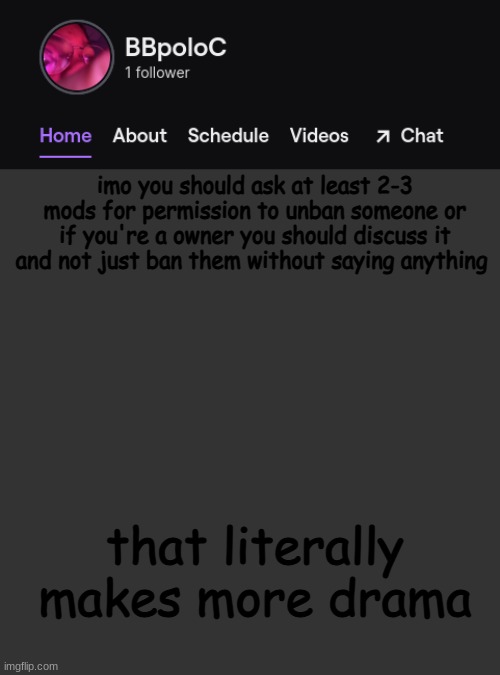 Twitch template | imo you should ask at least 2-3 mods for permission to unban someone or if you're a owner you should discuss it and not just ban them without saying anything; that literally makes more drama | image tagged in twitch template | made w/ Imgflip meme maker