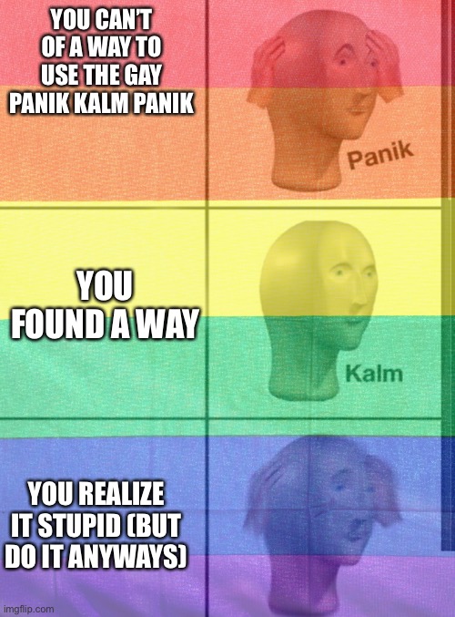 Idk, i needed an excuse | YOU CAN’T OF A WAY TO USE THE GAY PANIK KALM PANIK; YOU FOUND A WAY; YOU REALIZE IT STUPID (BUT DO IT ANYWAYS) | image tagged in gay | made w/ Imgflip meme maker