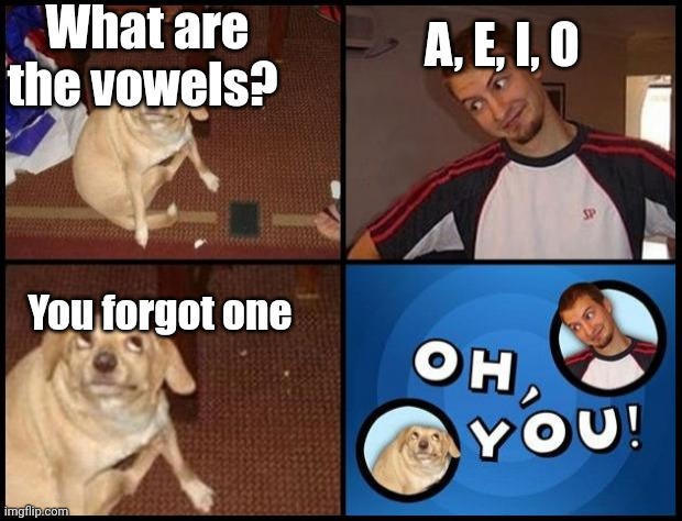 Oh You | What are the vowels? A, E, I, O; You forgot one | image tagged in oh you | made w/ Imgflip meme maker
