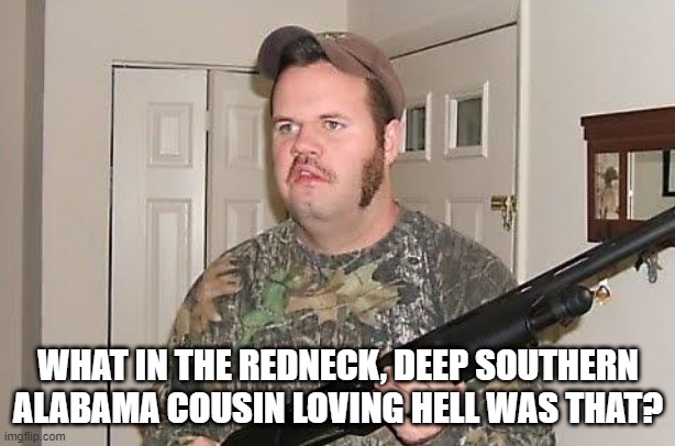 WTH? | WHAT IN THE REDNECK, DEEP SOUTHERN ALABAMA COUSIN LOVING HELL WAS THAT? | image tagged in redneck wonder | made w/ Imgflip meme maker