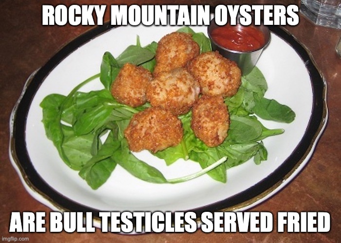 Rocky Mountain Oysters | ROCKY MOUNTAIN OYSTERS; ARE BULL TESTICLES SERVED FRIED | image tagged in memes,food,testicles | made w/ Imgflip meme maker