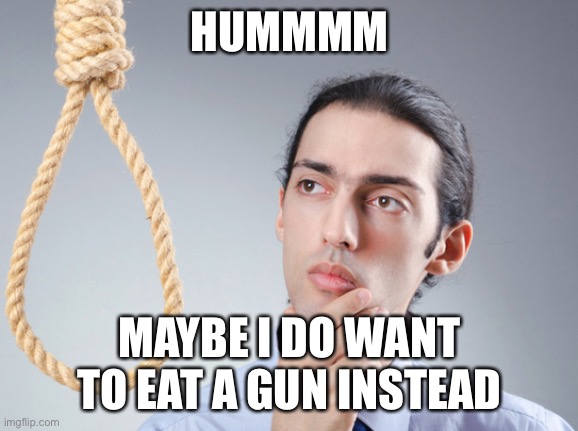 noose | HUMMMM MAYBE I DO WANT TO EAT A GUN INSTEAD | image tagged in noose | made w/ Imgflip meme maker