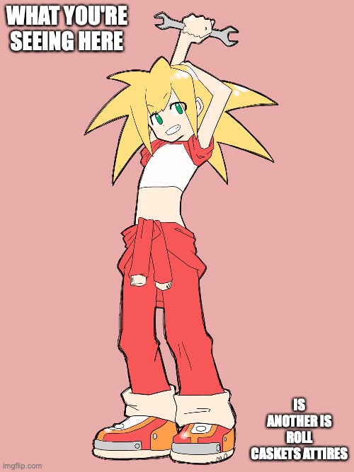 Roll Caskett Alternative Attire | WHAT YOU'RE SEEING HERE; IS ANOTHER IS ROLL CASKETS ATTIRES | image tagged in megaman,megaman legends,roll caskett,memes | made w/ Imgflip meme maker