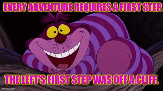 Cheshire Cat | EVERY ADVENTURE REQUIRES A FIRST STEP. THE LEFT'S FIRST STEP WAS OFF A CLIFF. | image tagged in cheshire cat | made w/ Imgflip meme maker