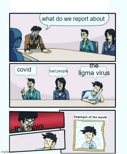 where the news at | what do we report about; the news; the ligma virus; bad people; covid; the news | image tagged in employee of the month,ligma | made w/ Imgflip meme maker