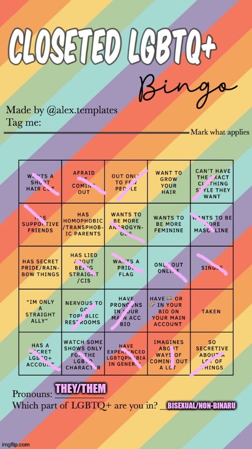 Teacher: Bored?  Me: "That's me, right here." | THEY/THEM; BISEXUAL/NON-BINARU | image tagged in closeted lgbtq bingo | made w/ Imgflip meme maker