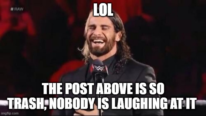 Seth Rollins laugh  | LOL; THE POST ABOVE IS SO TRASH, NOBODY IS LAUGHING AT IT | image tagged in seth rollins laugh | made w/ Imgflip meme maker