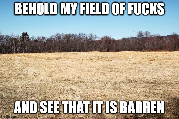 I might actually care if I had a fuck to give | BEHOLD MY FIELD OF FUCKS; AND SEE THAT IT IS BARREN | image tagged in field where fucks are grown | made w/ Imgflip meme maker