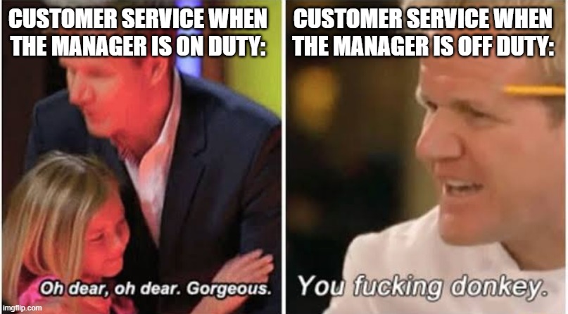 We've been there. | CUSTOMER SERVICE WHEN THE MANAGER IS ON DUTY:; CUSTOMER SERVICE WHEN THE MANAGER IS OFF DUTY: | image tagged in gordon ramsay kids vs adults | made w/ Imgflip meme maker
