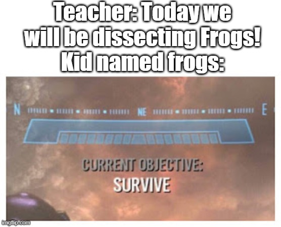 Run, kid named frogs | Teacher: Today we will be dissecting Frogs!
Kid named frogs: | image tagged in current objective survive | made w/ Imgflip meme maker