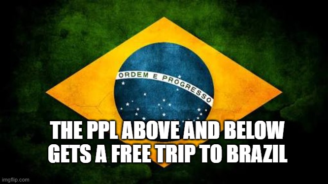 Brazil flag | THE PPL ABOVE AND BELOW GETS A FREE TRIP TO BRAZIL | image tagged in brazil flag | made w/ Imgflip meme maker