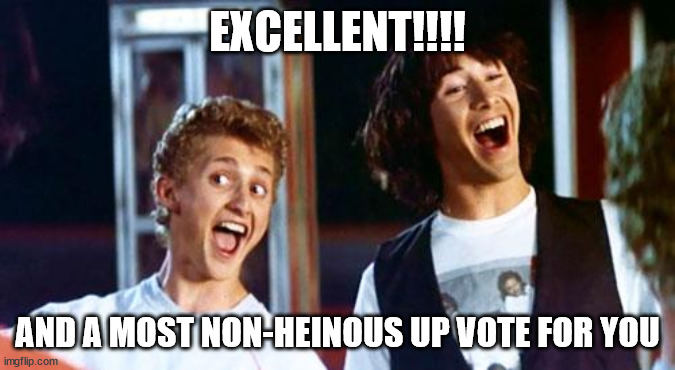 Bill and Ted | EXCELLENT!!!! AND A MOST NON-HEINOUS UP VOTE FOR YOU | image tagged in bill and ted | made w/ Imgflip meme maker