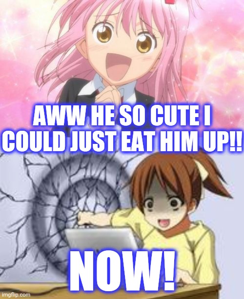 AWW HE SO CUTE I
COULD JUST EAT HIM UP!! NOW! | image tagged in aww anime girl,anime wall punch | made w/ Imgflip meme maker