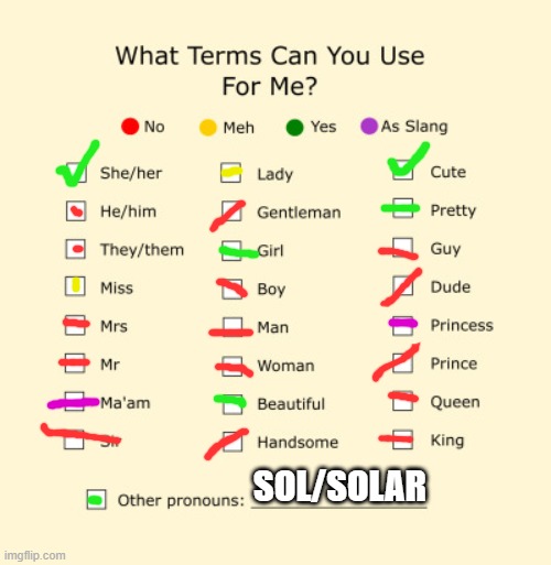 Certified Solgender | SOL/SOLAR | image tagged in pronouns sheet | made w/ Imgflip meme maker