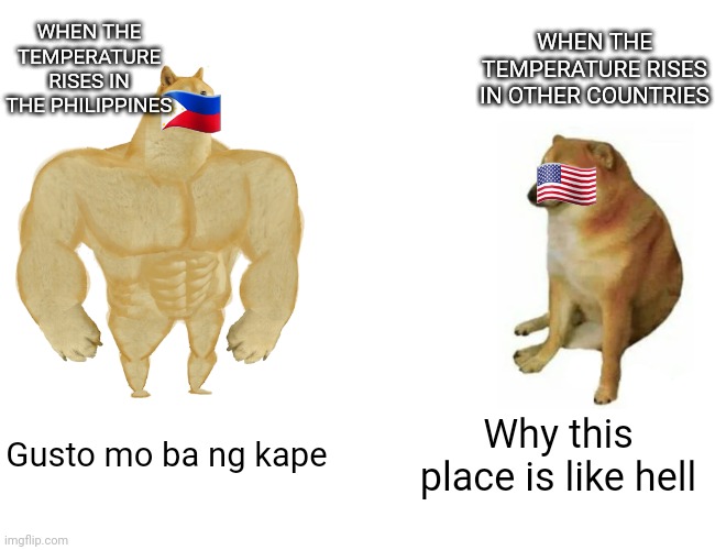 True? | WHEN THE TEMPERATURE RISES IN OTHER COUNTRIES; WHEN THE TEMPERATURE RISES IN THE PHILIPPINES; 🇵🇭; 🇺🇸; Why this place is like hell; Gusto mo ba ng kape | image tagged in memes,buff doge vs cheems | made w/ Imgflip meme maker