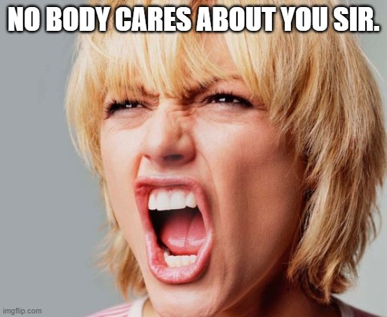 super angry karen | NO BODY CARES ABOUT YOU SIR. | image tagged in super angry karen | made w/ Imgflip meme maker