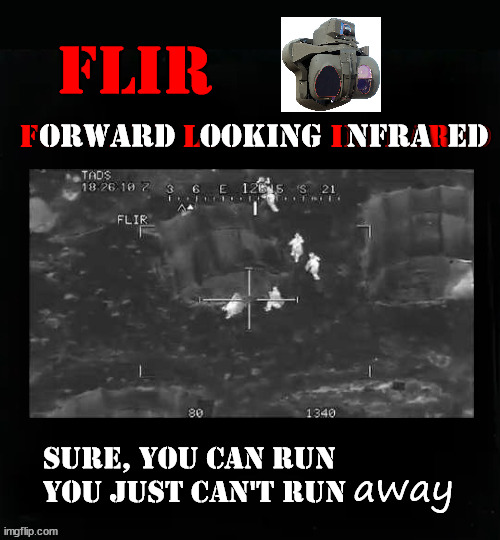 FLIR Forward Looking InfraRed | FLIR; Forward Looking InfraRed; orward   ooking   nfra  ed; away; Sure, you can run
you just can't run | image tagged in flir,forward looking infrared | made w/ Imgflip meme maker