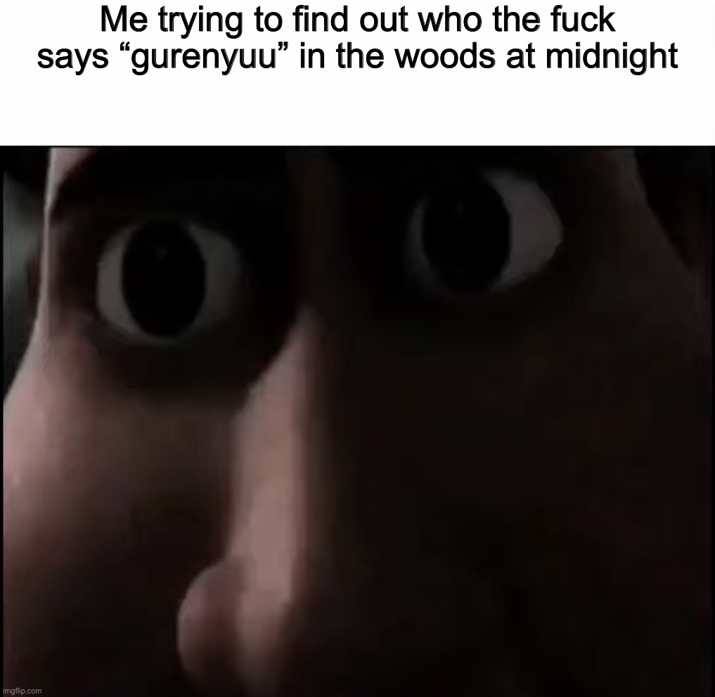 it coming.. or more specifically... THEY’RE coming | Me trying to find out who the fuck says “gurenyuu” in the woods at midnight | image tagged in titan staring | made w/ Imgflip meme maker