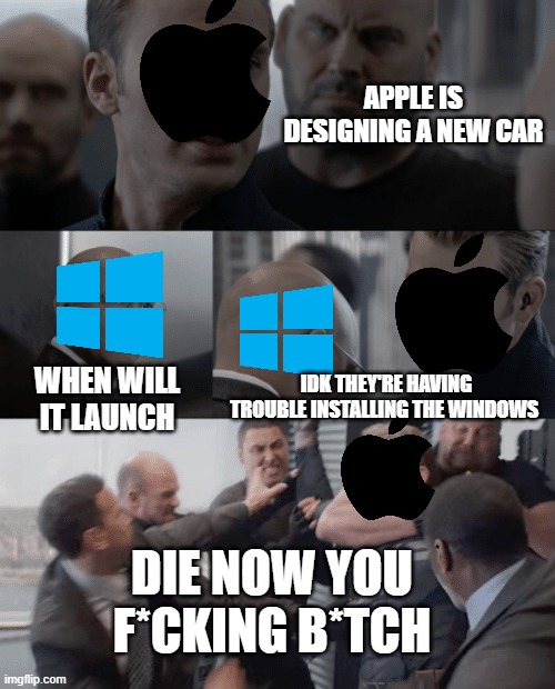 Captain america elevator | APPLE IS DESIGNING A NEW CAR; IDK THEY'RE HAVING TROUBLE INSTALLING THE WINDOWS; WHEN WILL IT LAUNCH; DIE NOW YOU F*CKING B*TCH | image tagged in captain america elevator | made w/ Imgflip meme maker
