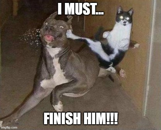 Cat Kicking Dog | I MUST... FINISH HIM!!! | image tagged in cat kicking dog | made w/ Imgflip meme maker