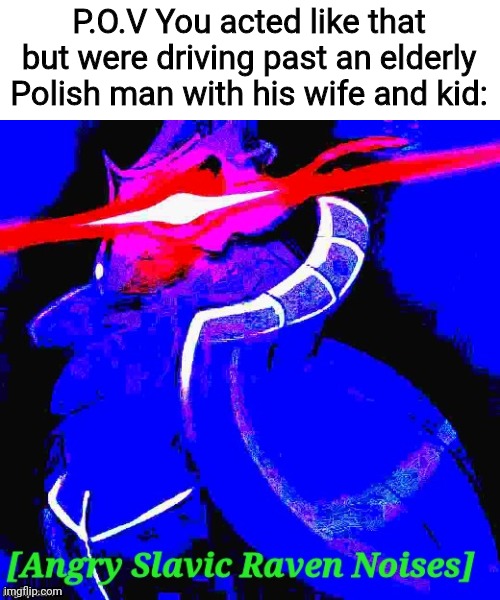 P.O.V You acted like that but were driving past an elderly Polish man with his wife and kid: | image tagged in angry slavic raven noises | made w/ Imgflip meme maker