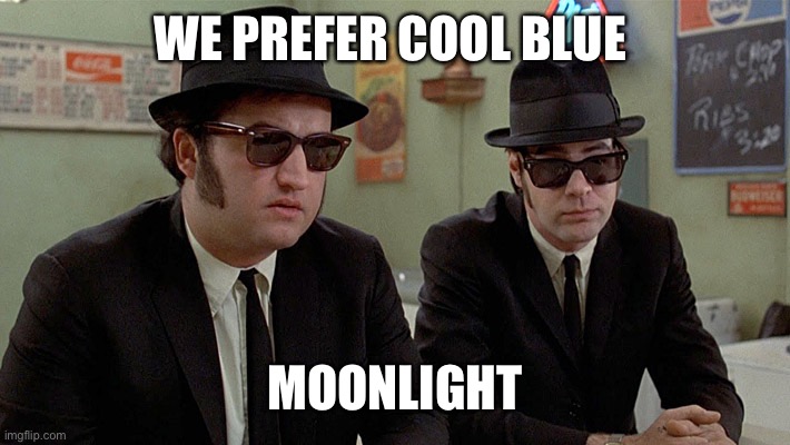 Blues Brothers band | WE PREFER COOL BLUE MOONLIGHT | image tagged in blues brothers band | made w/ Imgflip meme maker