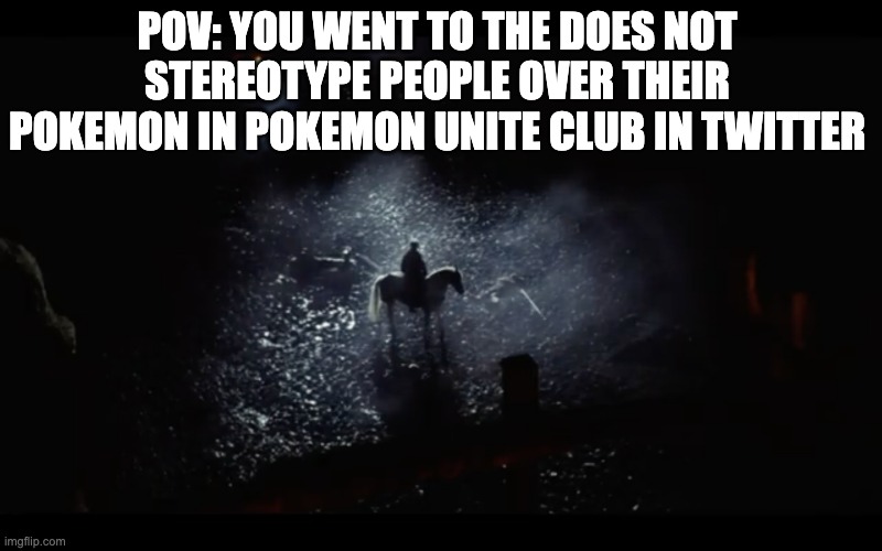 EVERYONE. IS. ON TWITTER. AND STEREOTYPING! | POV: YOU WENT TO THE DOES NOT STEREOTYPE PEOPLE OVER THEIR POKEMON IN POKEMON UNITE CLUB IN TWITTER | image tagged in henry v on a horse,pokemon | made w/ Imgflip meme maker