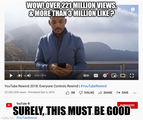 Surely, This most be good |  WOW! OVER 221 MILLION VIEWS, & MORE THAN 3 MILLION LIKE ? SURELY, THIS MUST BE GOOD | image tagged in youtube,youtube rewind,likes,dislike,freedom of speech,cancel culture | made w/ Imgflip meme maker