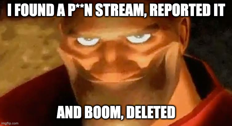 The stream name was ''fun_uncensored" | I FOUND A P**N STREAM, REPORTED IT; AND BOOM, DELETED | image tagged in heavy smile | made w/ Imgflip meme maker