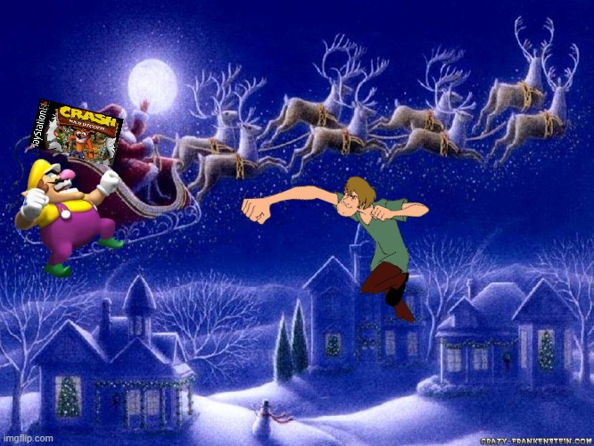 wario gets push off by Ultra Instinct Shaggy while trying to get crash bandicoot from santa and dies | image tagged in merry christmas,wario,wario dies,memes,ultra instinct shaggy,santa | made w/ Imgflip meme maker