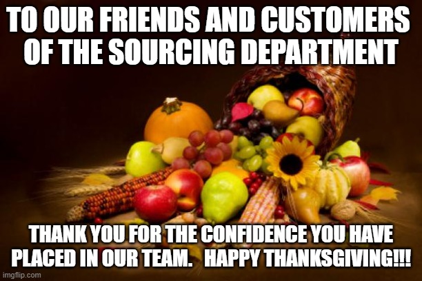 Thanksgiving | TO OUR FRIENDS AND CUSTOMERS 
OF THE SOURCING DEPARTMENT; THANK YOU FOR THE CONFIDENCE YOU HAVE PLACED IN OUR TEAM.   HAPPY THANKSGIVING!!! | image tagged in thanksgiving | made w/ Imgflip meme maker