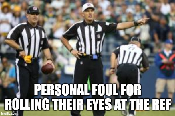 nfl referee  | PERSONAL FOUL FOR ROLLING THEIR EYES AT THE REF | image tagged in nfl referee | made w/ Imgflip meme maker