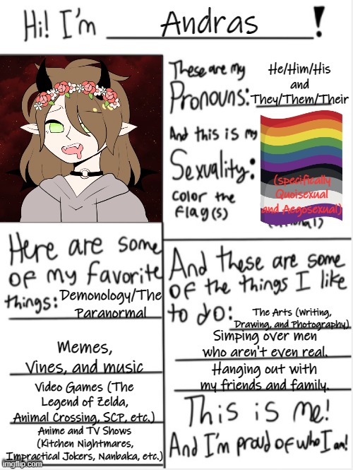 Thought I should share a bit about me <3 picrew.me/image_maker/231437 I don't have pointy ears, they were just the only option. | Andras; He/Him/His and They/Them/Their; (specifically Quoisexual and Aegosexual); Demonology/The Paranormal; The Arts (Writing, Drawing, and Photography); Memes, Vines, and music; Simping over men who aren't even real. Hanging out with my friends and family. Video Games (The Legend of Zelda, Animal Crossing, SCP, etc.); Anime and TV Shows (Kitchen Nightmares, Impractical Jokers, Nanbaka, etc.) | image tagged in this is me,helo,ha ha tags go brr,oh wow are you actually reading these tags,why are you reading the tags,stop reading the tags | made w/ Imgflip meme maker