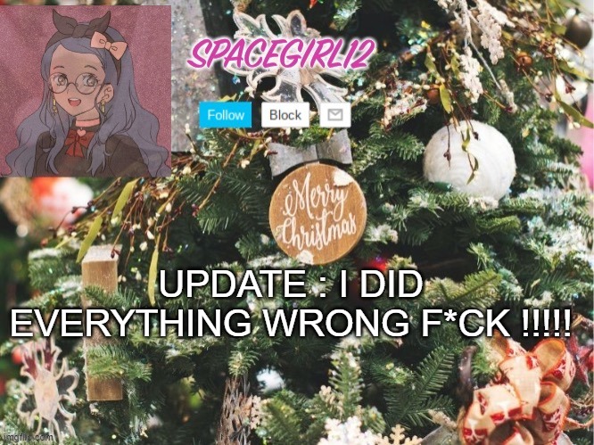 Spacegirl12 christmas | UPDATE : I DID EVERYTHING WRONG F*CK !!!!! | image tagged in spacegirl12 christmas | made w/ Imgflip meme maker